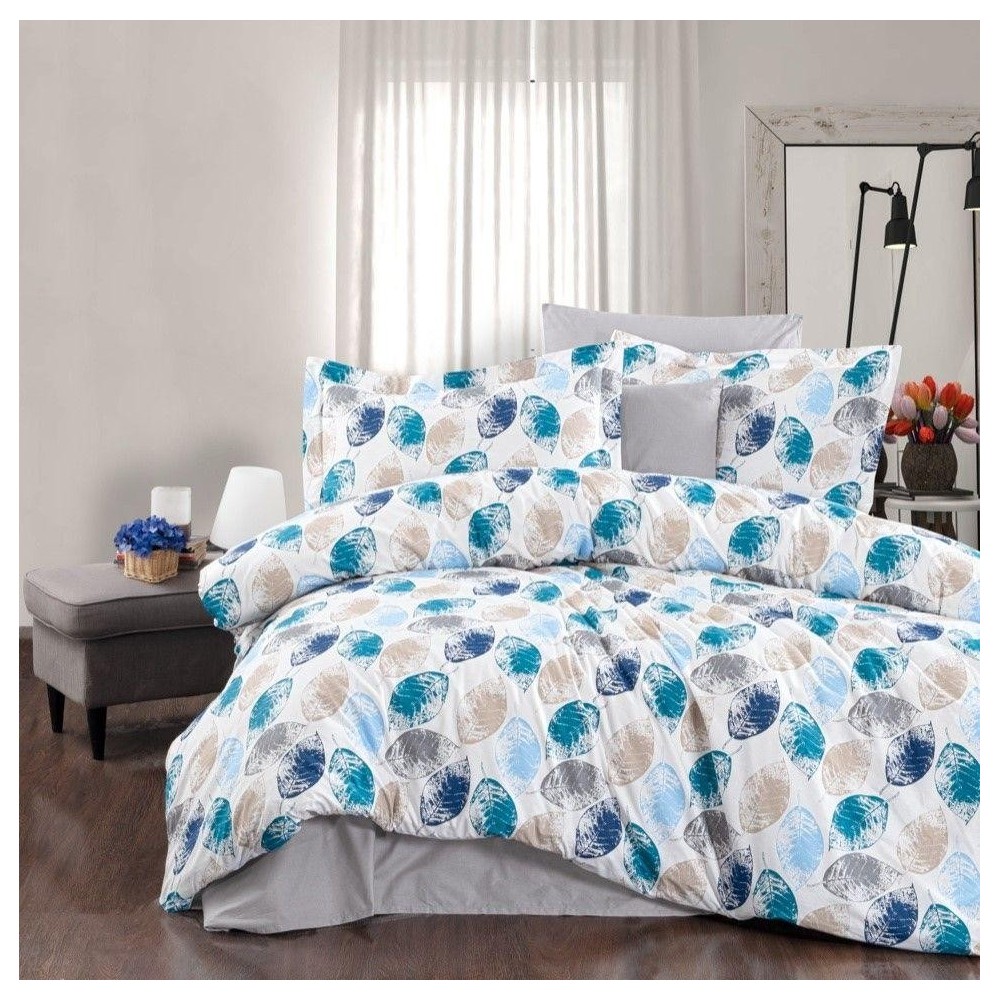 Francúzske predĺžené krepové obliečky 240x220, 70x90cm LISTY modré Francúzske predĺžené krepové obliečky 240x220, 70x90cm LISTY modré